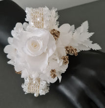 Load image into Gallery viewer, Preserved rose snap lock corsage in champagne gold & white AB2051 - School formal, prom, graduation