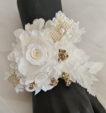 Load image into Gallery viewer, Preserved rose snap lock corsage in champagne gold & white AB2051 - School formal, prom, graduation