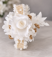 Load image into Gallery viewer, Preserved rose snap lock corsage in champagne gold & white AB2051 - School formal, prom, graduation