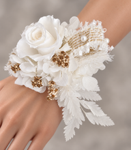 Load image into Gallery viewer, Preserved rose snap lock corsage in champagne gold & white AB2051 - School formal, prom, graduation
