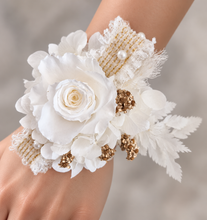 Load image into Gallery viewer, Preserved rose snap lock corsage in champagne gold & white AB2051 - School formal, prom, graduation