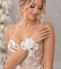 Load image into Gallery viewer, Preserved rose snap lock corsage in champagne gold & white AB2051 - School formal, prom, graduation