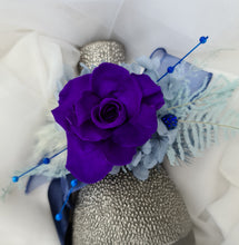 Load image into Gallery viewer, Unique purple & blue preserved rose corsage w crystal AB2059 - School formal, prom, graduation