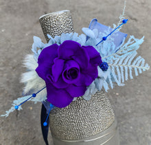Load image into Gallery viewer, Unique purple & blue preserved rose corsage w crystal AB2059 - School formal, prom, graduation