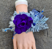 Load image into Gallery viewer, Unique purple & blue preserved rose corsage w crystal AB2059 - School formal, prom, graduation