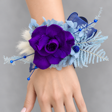 Load image into Gallery viewer, Unique purple & blue preserved rose corsage w crystal AB2059 - School formal, prom, graduation