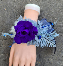 Load image into Gallery viewer, Unique purple & blue preserved rose corsage w crystal AB2059 - School formal, prom, graduation