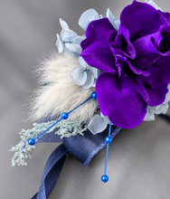 Load image into Gallery viewer, Unique purple & blue preserved rose corsage w crystal AB2059 - School formal, prom, graduation