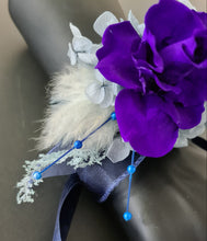 Load image into Gallery viewer, Unique purple & blue preserved rose corsage w crystal AB2059 - School formal, prom, graduation
