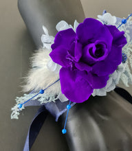 Load image into Gallery viewer, Unique purple & blue preserved rose corsage w crystal AB2059 - School formal, prom, graduation
