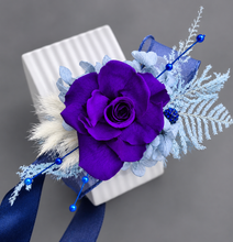 Load image into Gallery viewer, Unique purple & blue preserved rose corsage w crystal AB2059 - School formal, prom, graduation