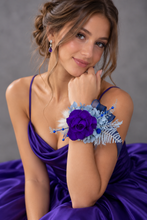 Load image into Gallery viewer, Unique purple & blue preserved rose corsage w crystal AB2059 - School formal, prom, graduation