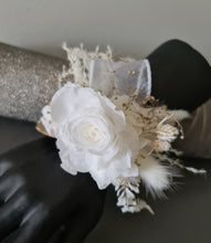 Load image into Gallery viewer, Preserved rose snap lock corsage in champagne gold & white AB2061 - School formal, prom, graduation