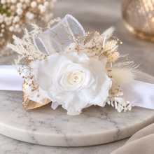 Load image into Gallery viewer, Preserved rose snap lock corsage in champagne gold & white AB2061 - School formal, prom, graduation