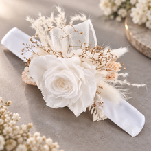 Load image into Gallery viewer, Preserved rose snap lock corsage in champagne gold & white AB2061 - School formal, prom, graduation