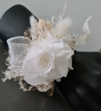 Load image into Gallery viewer, Preserved rose snap lock corsage in champagne gold & white AB2061 - School formal, prom, graduation