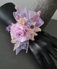 Load image into Gallery viewer, Preserved rose snap lock corsage in pastel pink & violet colours AB2062 - School formal, prom, graduation