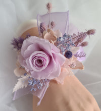 Load image into Gallery viewer, Preserved rose snap lock corsage in pastel pink & violet colours AB2062 - School formal, prom, graduation