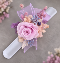 Load image into Gallery viewer, Preserved rose snap lock corsage in pastel pink & violet colours AB2062 - School formal, prom, graduation