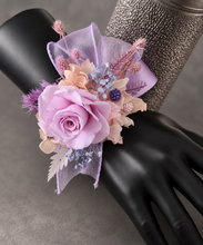 Load image into Gallery viewer, Preserved rose snap lock corsage in pastel pink & violet colours AB2062 - School formal, prom, graduation