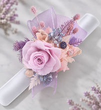 Load image into Gallery viewer, Preserved rose snap lock corsage in pastel pink & violet colours AB2062 - School formal, prom, graduation