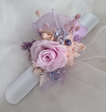 Load image into Gallery viewer, Preserved rose snap lock corsage in pastel pink & violet colours AB2062 - School formal, prom, graduation