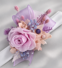Load image into Gallery viewer, Preserved rose snap lock corsage in pastel pink & violet colours AB2062 - School formal, prom, graduation