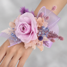 Load image into Gallery viewer, Preserved rose snap lock corsage in pastel pink & violet colours AB2062 - School formal, prom, graduation