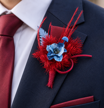 Load image into Gallery viewer, Burgundy & blue preserved flowers corsage and buttonhole set AB2077 - School formal, prom, graduation
