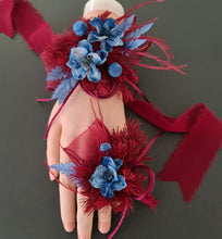 Load image into Gallery viewer, Burgundy & blue preserved flowers corsage and buttonhole set AB2077 - School formal, prom, graduation