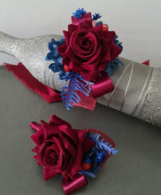 Load image into Gallery viewer, Burgundy & blue preserved flowers velvet rose corsage and buttonhole set AB2078 - School formal, prom, graduation