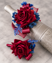 Load image into Gallery viewer, Burgundy & blue preserved flowers velvet rose corsage and buttonhole set AB2078 - School formal, prom, graduation