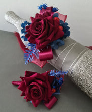 Load image into Gallery viewer, Burgundy & blue preserved flowers velvet rose corsage and buttonhole set AB2078 - School formal, prom, graduation