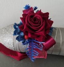 Load image into Gallery viewer, Burgundy & blue preserved flowers velvet rose corsage and buttonhole set AB2078 - School formal, prom, graduation