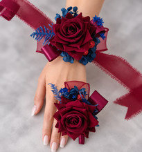 Load image into Gallery viewer, Burgundy & blue preserved flowers velvet rose corsage and buttonhole set AB2078 - School formal, prom, graduation