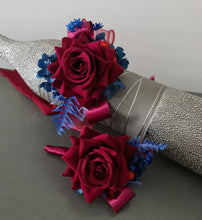 Load image into Gallery viewer, Burgundy & blue preserved flowers velvet rose corsage and buttonhole set AB2078 - School formal, prom, graduation