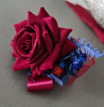 Load image into Gallery viewer, Burgundy & blue preserved flowers velvet rose corsage and buttonhole set AB2078 - School formal, prom, graduation