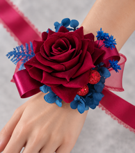 Load image into Gallery viewer, Burgundy & blue preserved flowers velvet rose corsage and buttonhole set AB2078 - School formal, prom, graduation