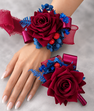 Load image into Gallery viewer, Burgundy & blue preserved flowers velvet rose corsage and buttonhole set AB2078 - School formal, prom, graduation