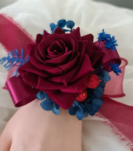 Load image into Gallery viewer, Burgundy & blue preserved flowers velvet rose corsage and buttonhole set AB2078 - School formal, prom, graduation