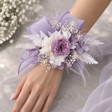 Load image into Gallery viewer, Fluffy furry band dusty purple / lilac preserved peony corsage AB2087 - School formal, prom, graduation