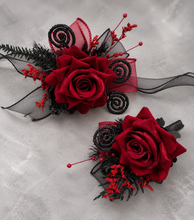Load image into Gallery viewer, Burgundy & black glitter everlasting flowers corsage & buttonhole AB2091 - School formal, prom, graduation