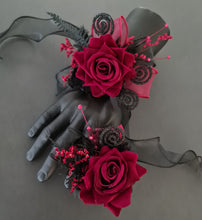Load image into Gallery viewer, Burgundy & black glitter everlasting flowers corsage & buttonhole AB2091 - School formal, prom, graduation