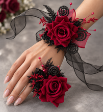 Load image into Gallery viewer, Burgundy & black glitter everlasting flowers corsage & buttonhole AB2091 - School formal, prom, graduation