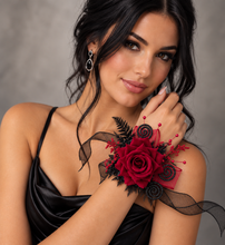 Load image into Gallery viewer, Burgundy & black glitter everlasting flowers corsage & buttonhole AB2091 - School formal, prom, graduation