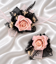 Load image into Gallery viewer, Blush & black glitter everlasting flowers corsage & buttonhole AB2097 - School formal, prom, graduation