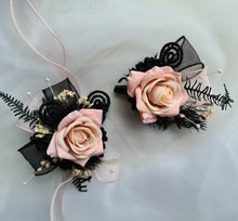 Load image into Gallery viewer, Blush & black glitter everlasting flowers corsage & buttonhole AB2097 - School formal, prom, graduation