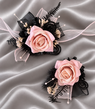 Load image into Gallery viewer, Blush & black glitter everlasting flowers corsage & buttonhole AB2097 - School formal, prom, graduation