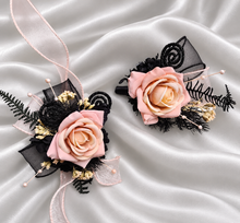Load image into Gallery viewer, Blush & black glitter everlasting flowers corsage & buttonhole AB2097 - School formal, prom, graduation