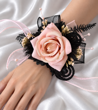 Load image into Gallery viewer, Blush & black glitter everlasting flowers corsage & buttonhole AB2097 - School formal, prom, graduation